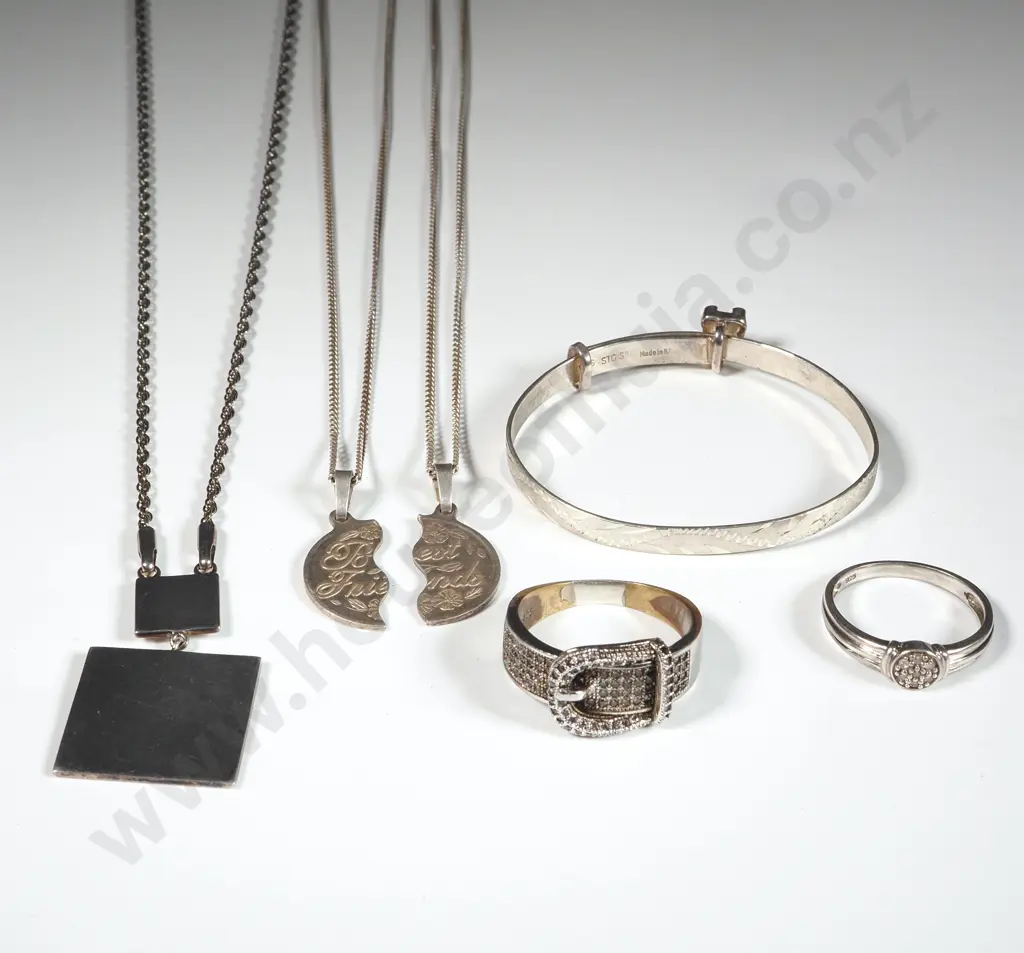  Sterling Silver Belt Ring Set With Diamonds, Three Pendants, An Expandable Bracelet & Another Ring. All Sterling Silver Image 1++