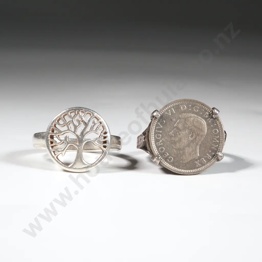 Sterling Silver Three Pence Ring & A Sterling Silver "Tree Of Life" Ring Image 1++