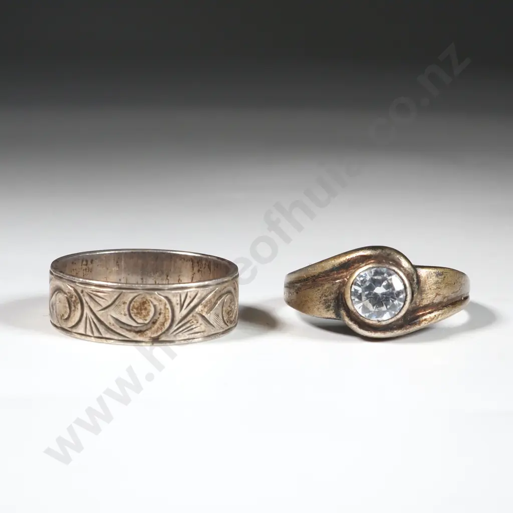 Sterling Silver White Stone Ring & An Engraved Sterling Silver Band  Image 1++