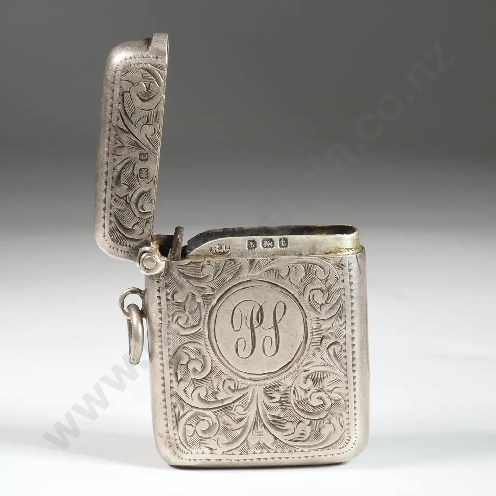 Sterling Silver Vesta Box with Scroll Decoration . Birm 1918 Image 1++