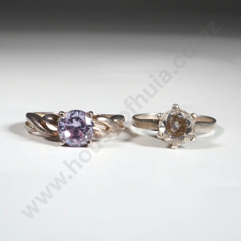 Pair of Sterling Silver Rings With Solitaire White & Mauve Stone Image 1++