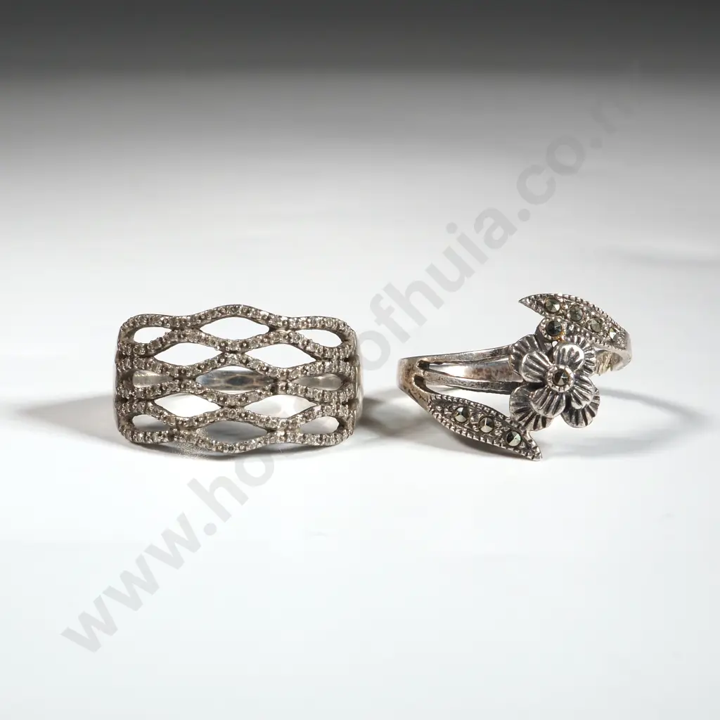 One Sterling Silver Multi Stone Diamond Ring (Diamonds Missing)& A Marcasite Ring Image 1++