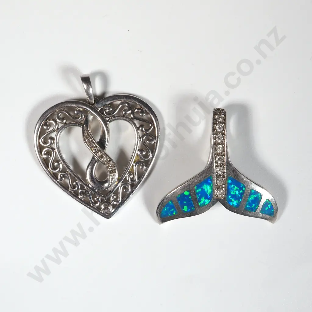 Two Sterling Silver Pendants - One A Whales Tail and The Other A Heart Shape. Both Set With White Stones Image 1++