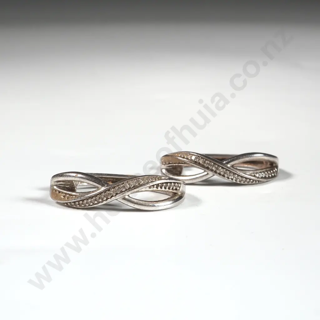 Sterling Silver Stone Set Twist Elongonated Hoop Earrings Image 1++