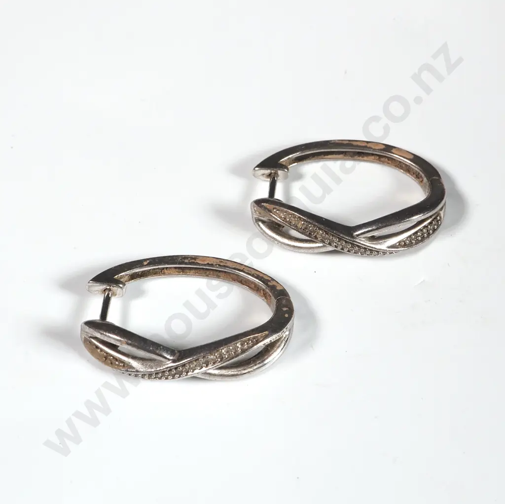 Sterling Silver Stone Set Twist Elongonated Hoop Earrings Image 1++