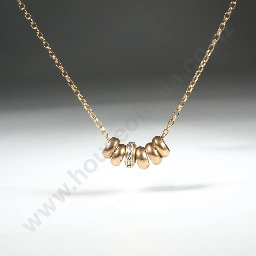 9ct Gold Six  Ring Chain Necklace. One Ring Set with Diamonds Image 1++