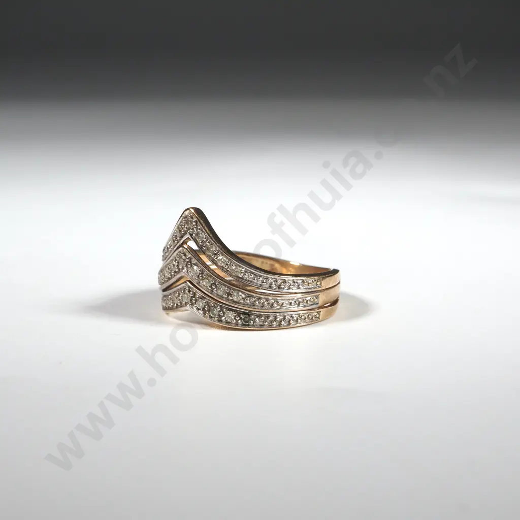 9ct Gold Chevron Style Cluster Ring Set With 27 Diamonds. Settings Rhodium Plated Image 1++