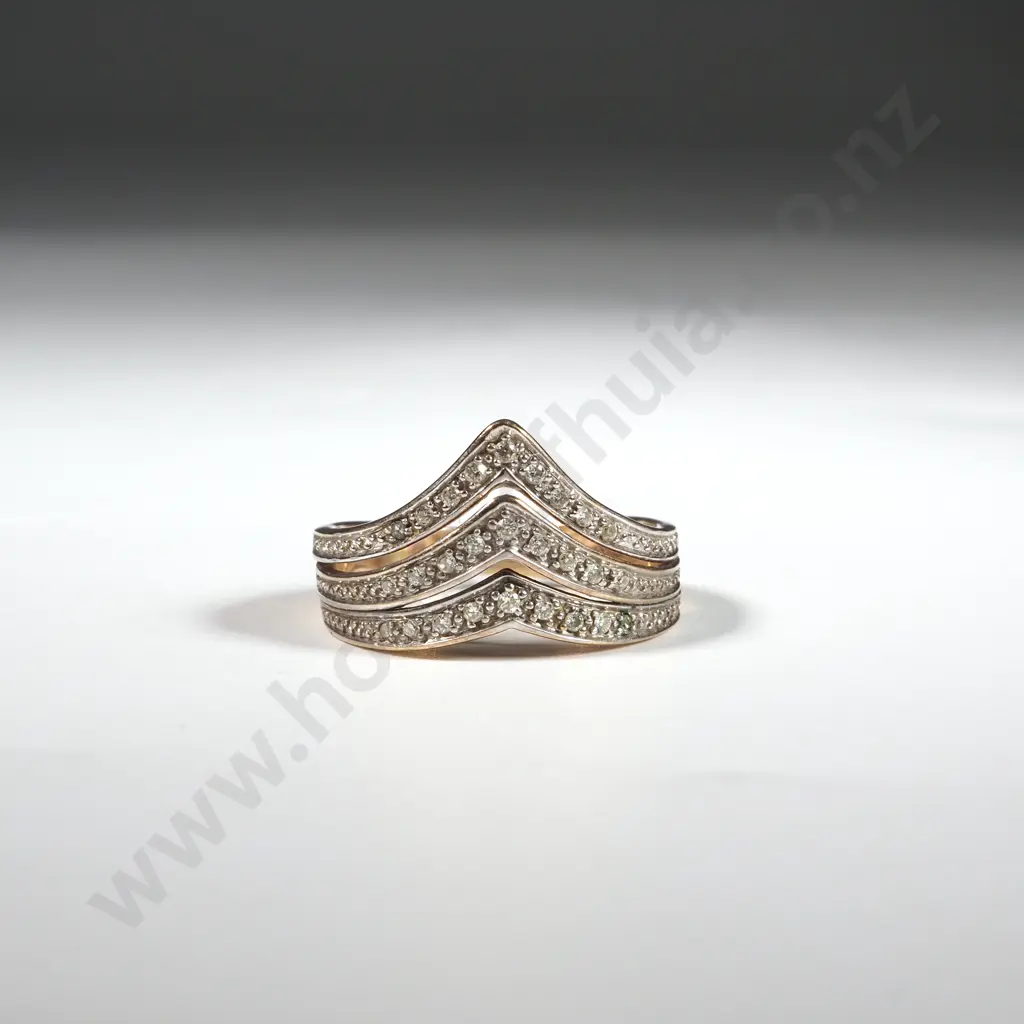 9ct Gold Chevron Style Cluster Ring Set With 27 Diamonds. Settings Rhodium Plated Image 1++
