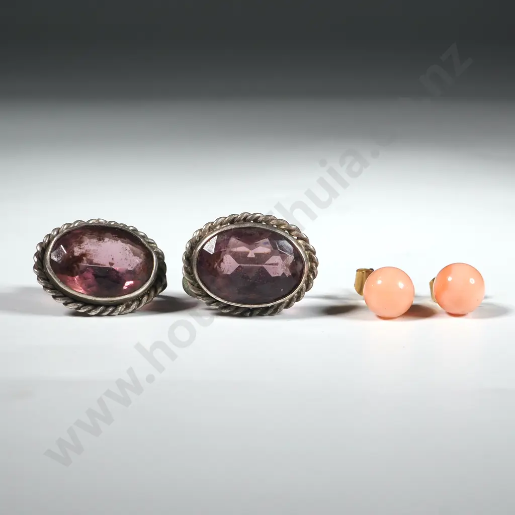Two Pair of Sterling Silver Earrings - One Coral Coloured, Gilt Studs & Oval Amethyst Coloured With Rope Edge Image 1++