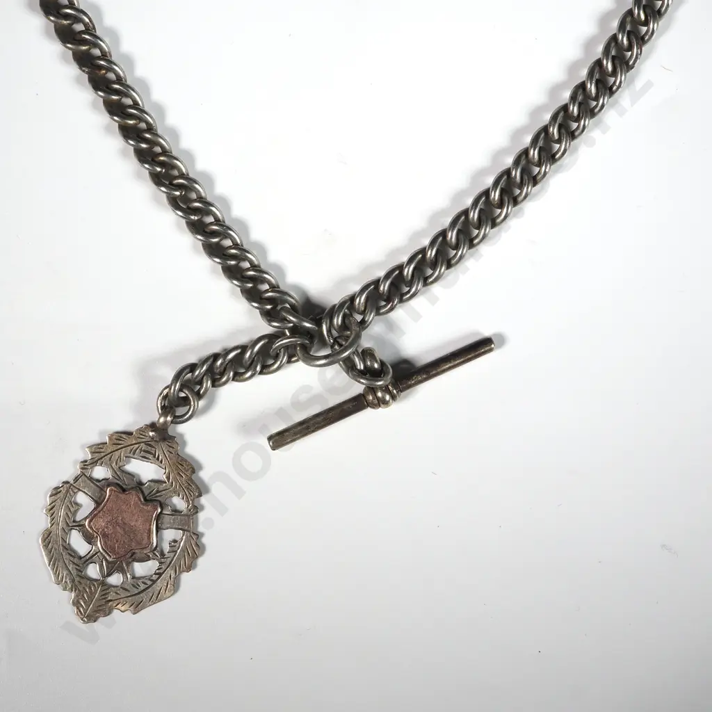 Curb Link T Bar Fob Chain w Sterling Silver Fob Medal Image 1++