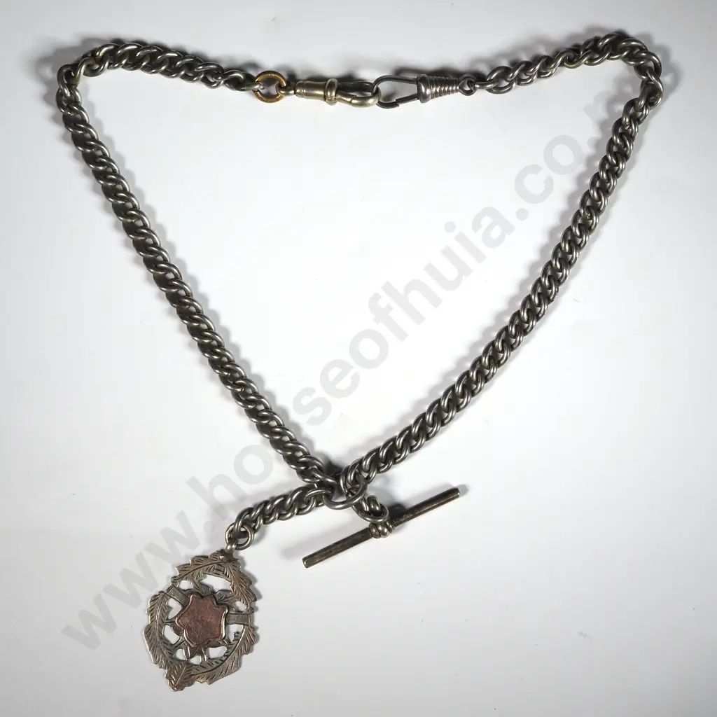 Curb Link T Bar Fob Chain w Sterling Silver Fob Medal Image 1++
