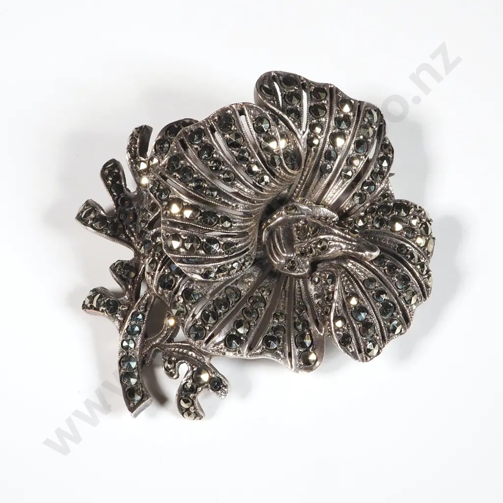 Sterling Silver Marcasite Flower Brooch Image 1++
