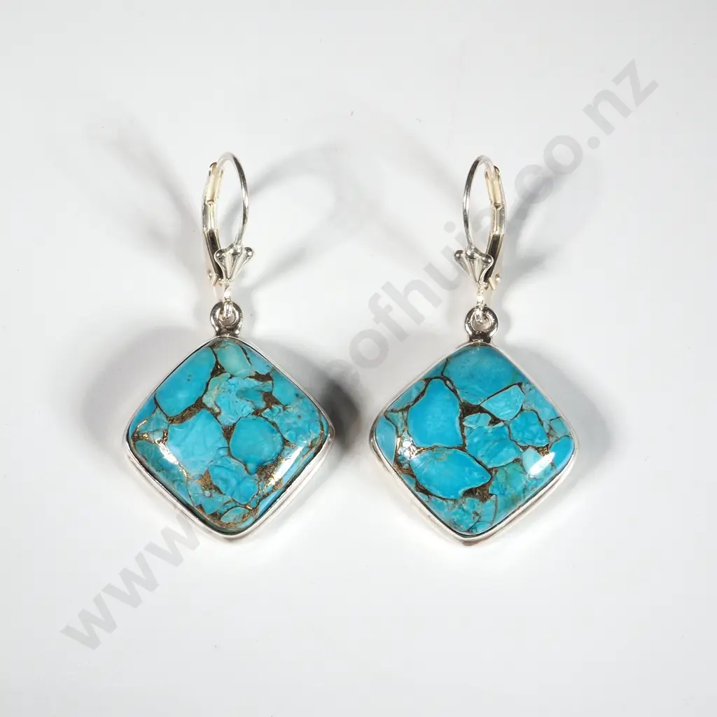Sterling Silver & Reconstituted Turquoise Earrings Of Square Form  Image 1++