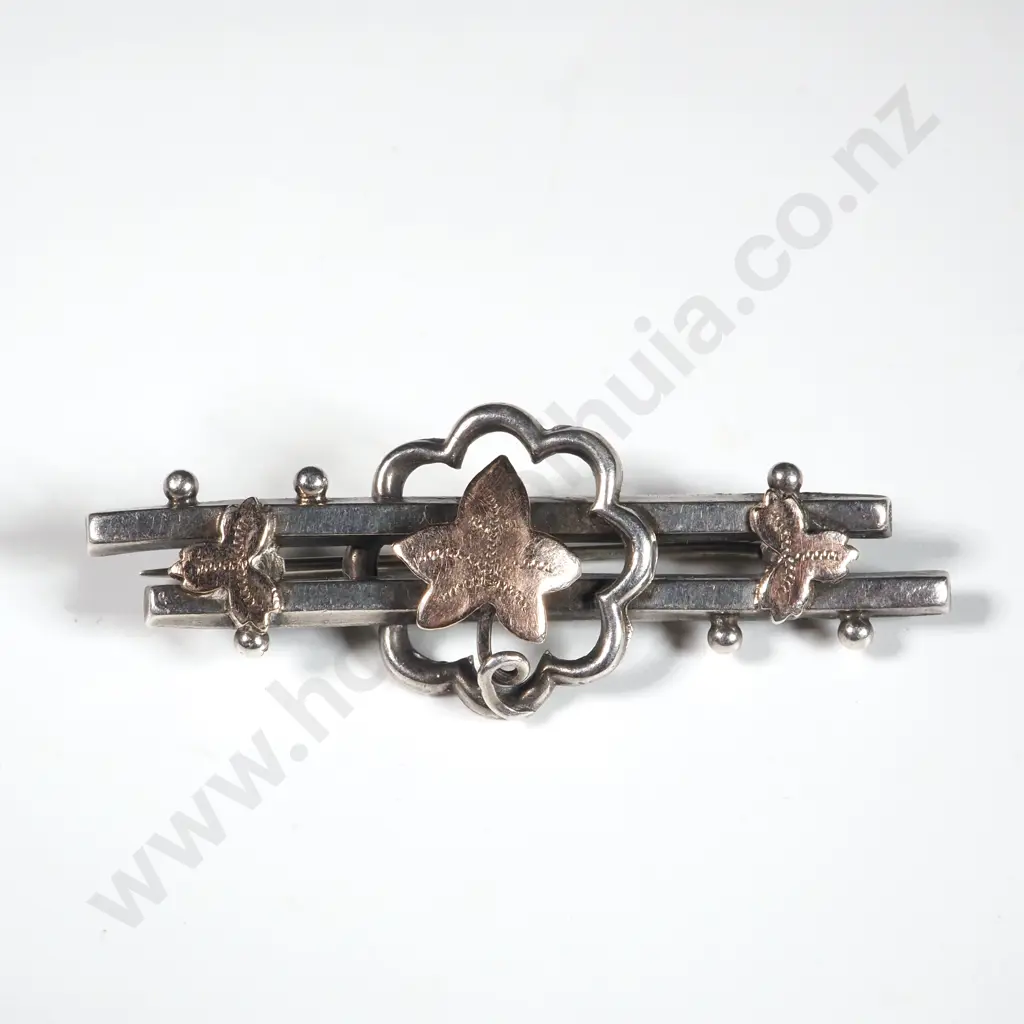 Sterling Silver Bar Brooch With Applied Gold Leaves. Chester 1907 Image 1++