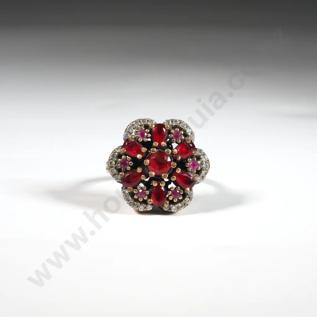 Vintage Sterling Silver Dress Ring Set with Red & White Stones Image 1++