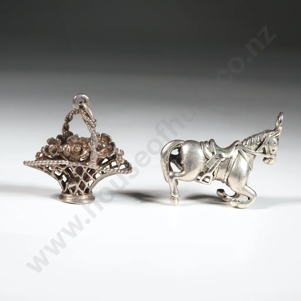 Two heavy  Sterling Silver Charms _  A Horse & A Basket Of Flowers Image 1++