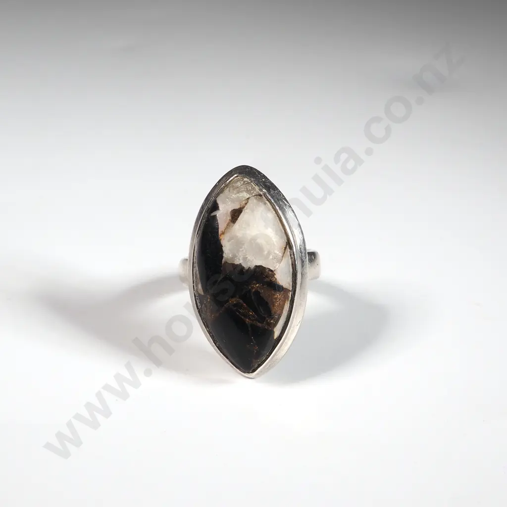Sterling Silver Marquise Shaped  Ring Set With a Marbled Stone Image 1++