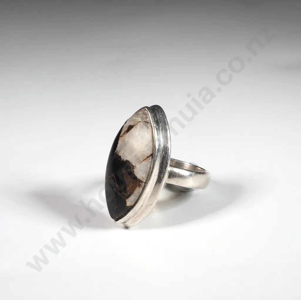 Sterling Silver Marquise Shaped  Ring Set With a Marbled Stone Image 1++