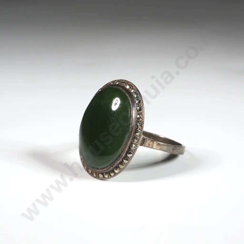 Sterling Silver, Greenstone, & Marcasite Ring Image 1++