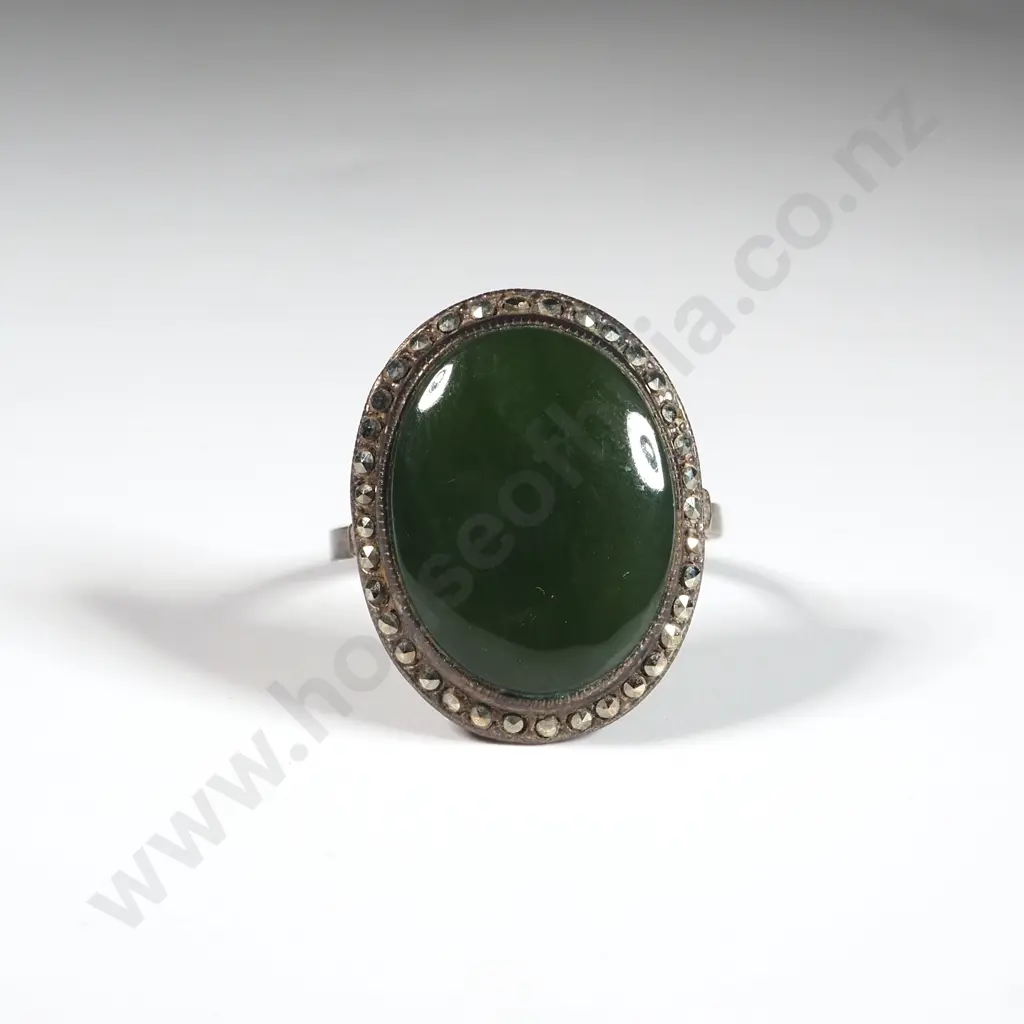 Sterling Silver, Greenstone, & Marcasite Ring Image 1++