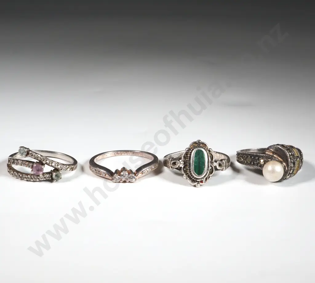 Four Sterling Silver Rings. One Set With A Single Pearl Image 1++