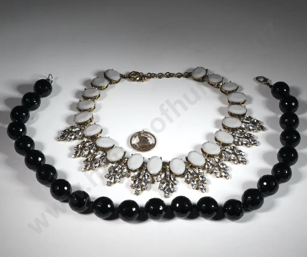 Costume Jewellery Diamante & Opaque Facetted Choker/ Pendant & A String Of Large Facetted  Round Black Beads Image 1++