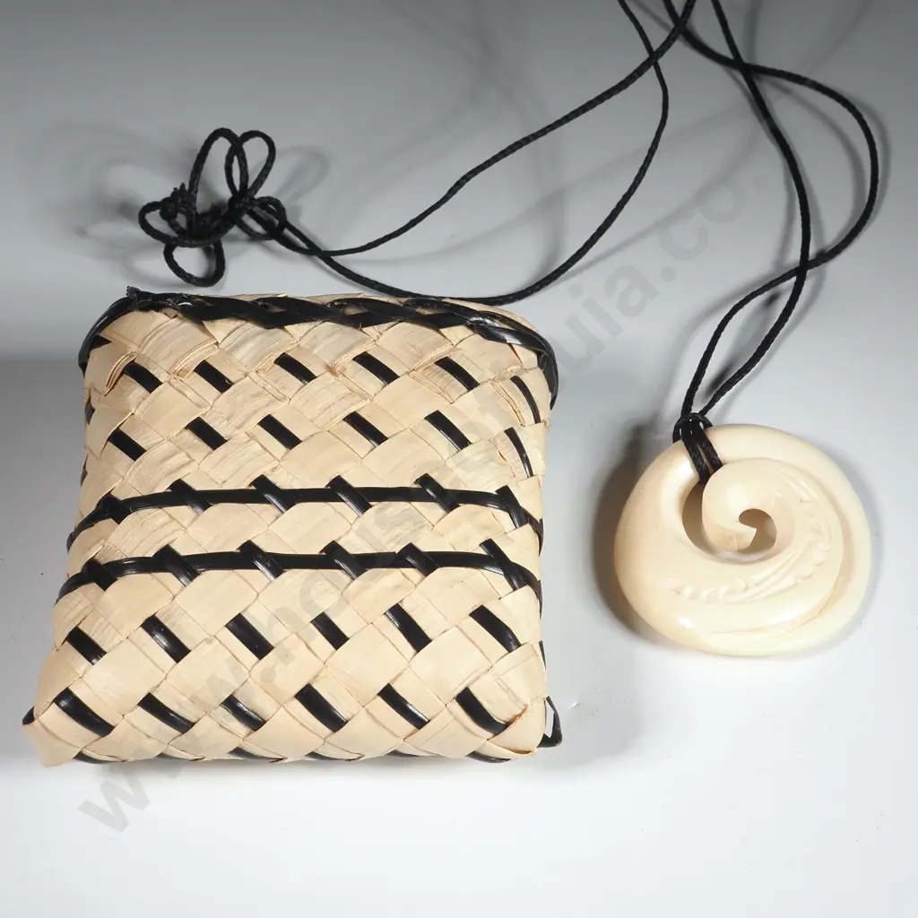 Hand Carved Bone Koru Pendant With Plaited Cord In Small Woven  Kete Image 1++