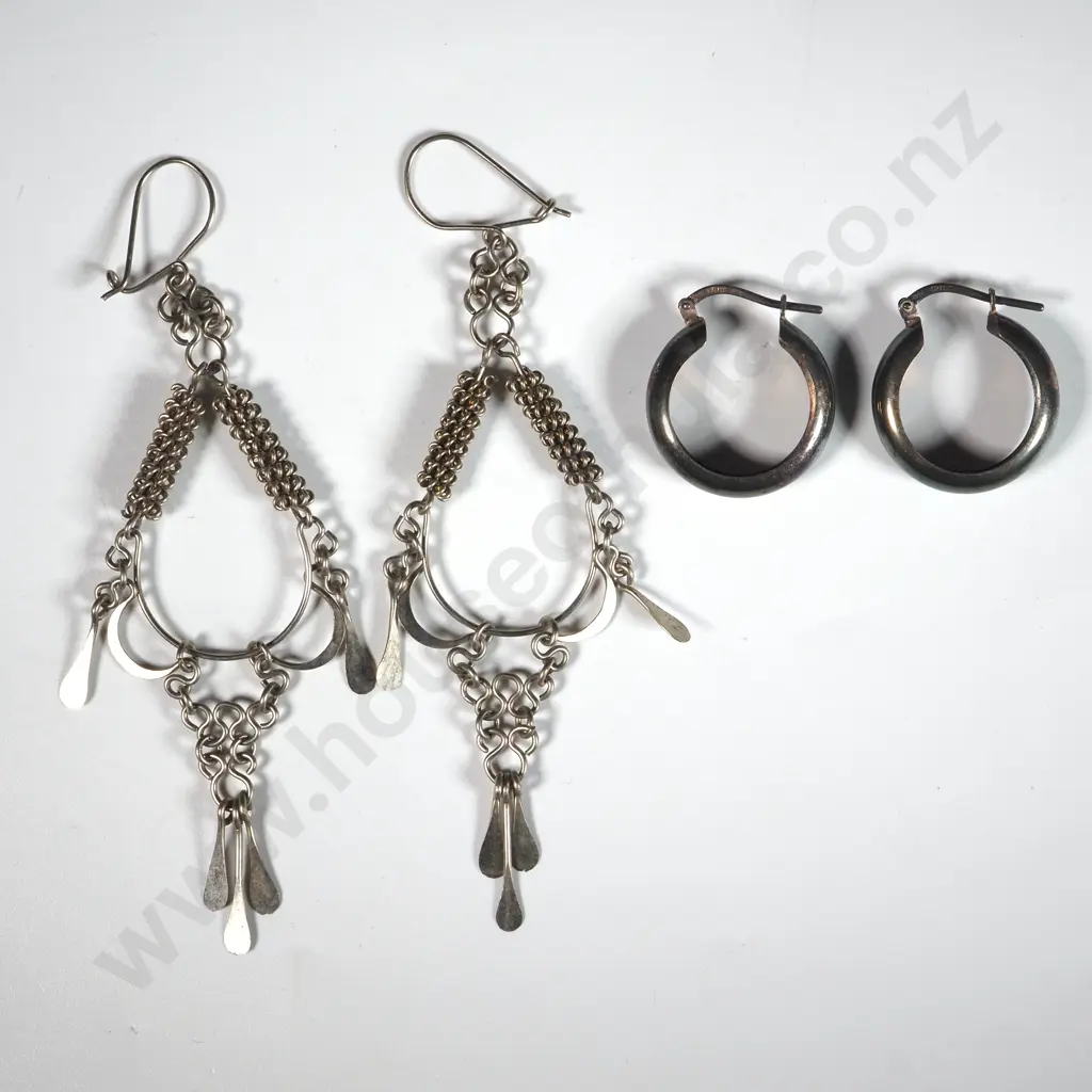 Two Pair Of Sterling Silver Earrings - One Chandelier & The Other Hoop Shaped  Image 1++