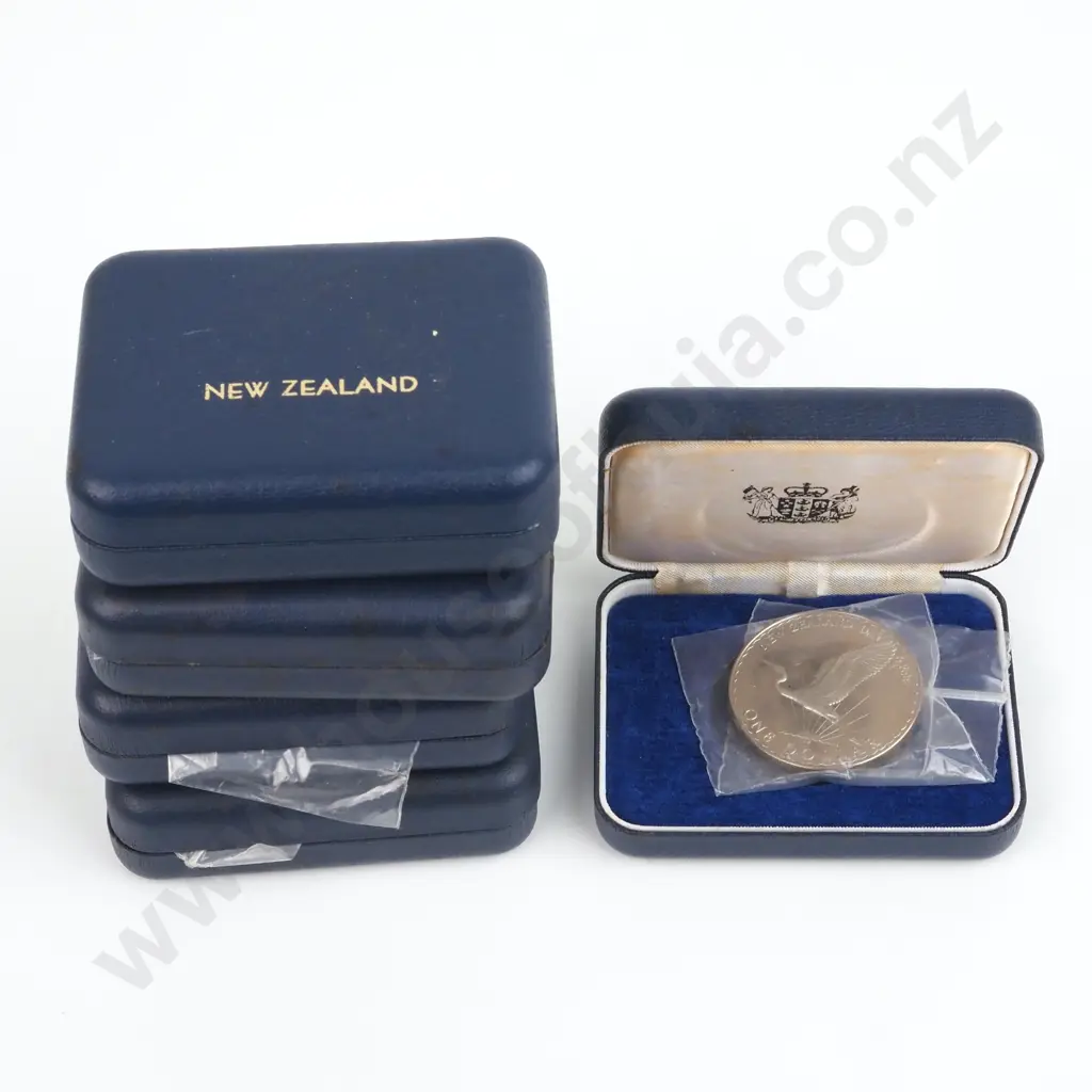 Five 1974 Cased New Zealand Proof Dollar Coins - Total CV $275 Image 1++