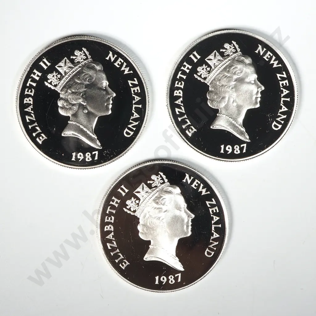 Three 1987 New Zealand Silver One Dollar Proof Coins - Uncased  Image 1++