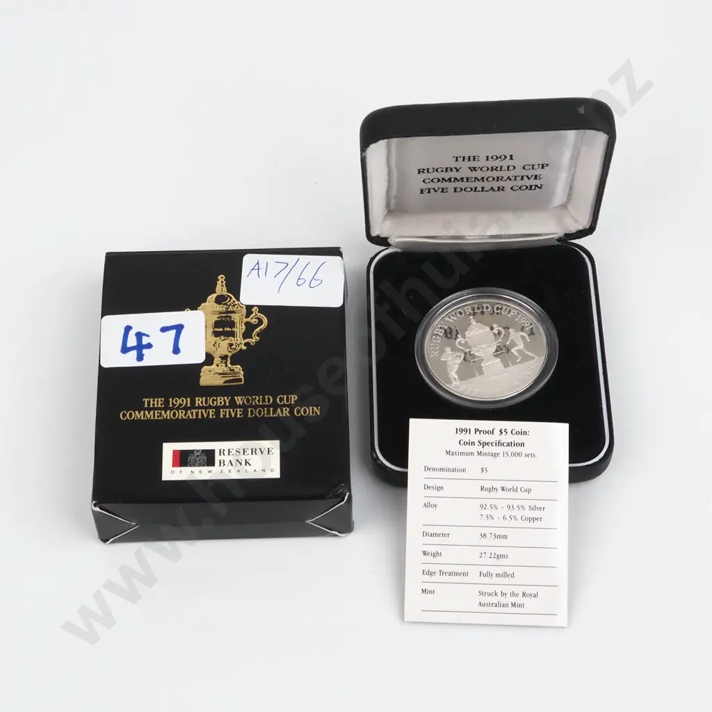 1991 Rugby World Cup New Zealand Silver Five Dollar Coin  Image 1++