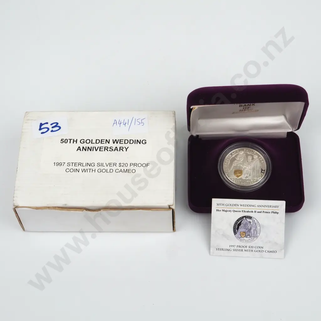 1997 New Zealand Silver Cameo Proof Twenty Dollar Coin - 50th Golden Wedding Anniversary Image 1++