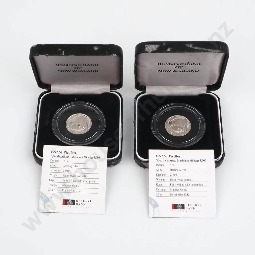 Two 1992 New Zealand One Dollar Piedfort One Dollar Coins (16 Grams Sterling Silver)  Image 1++