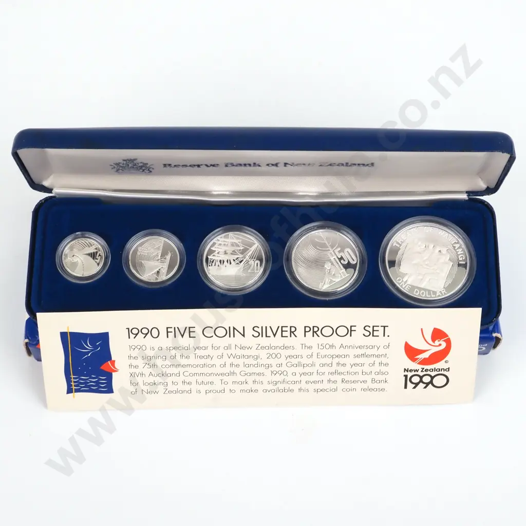 1990 New Zealand Five Coin Silver Proof Set  Image 1++