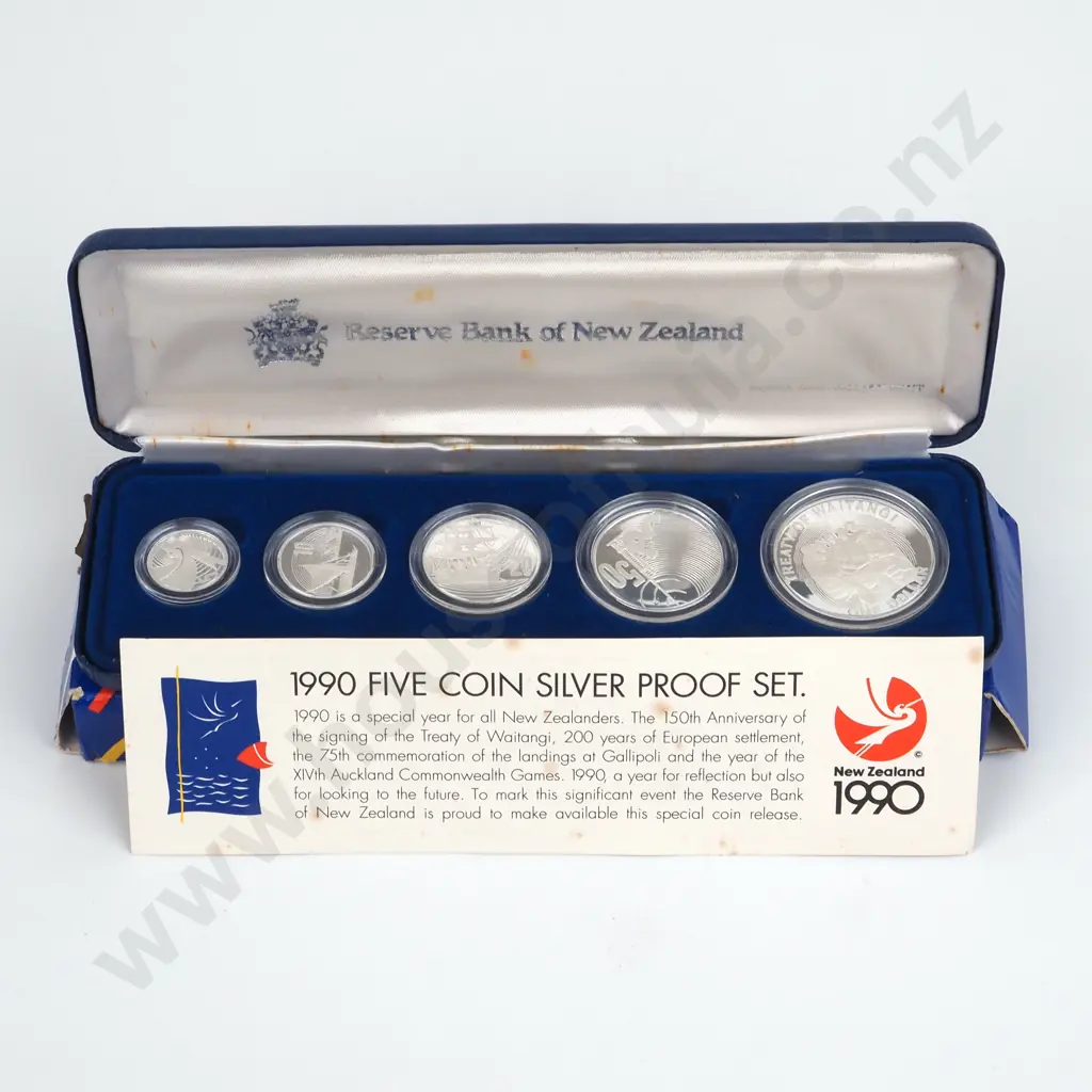 1990 New Zealand Five Coin Silver Proof Set  Image 1++