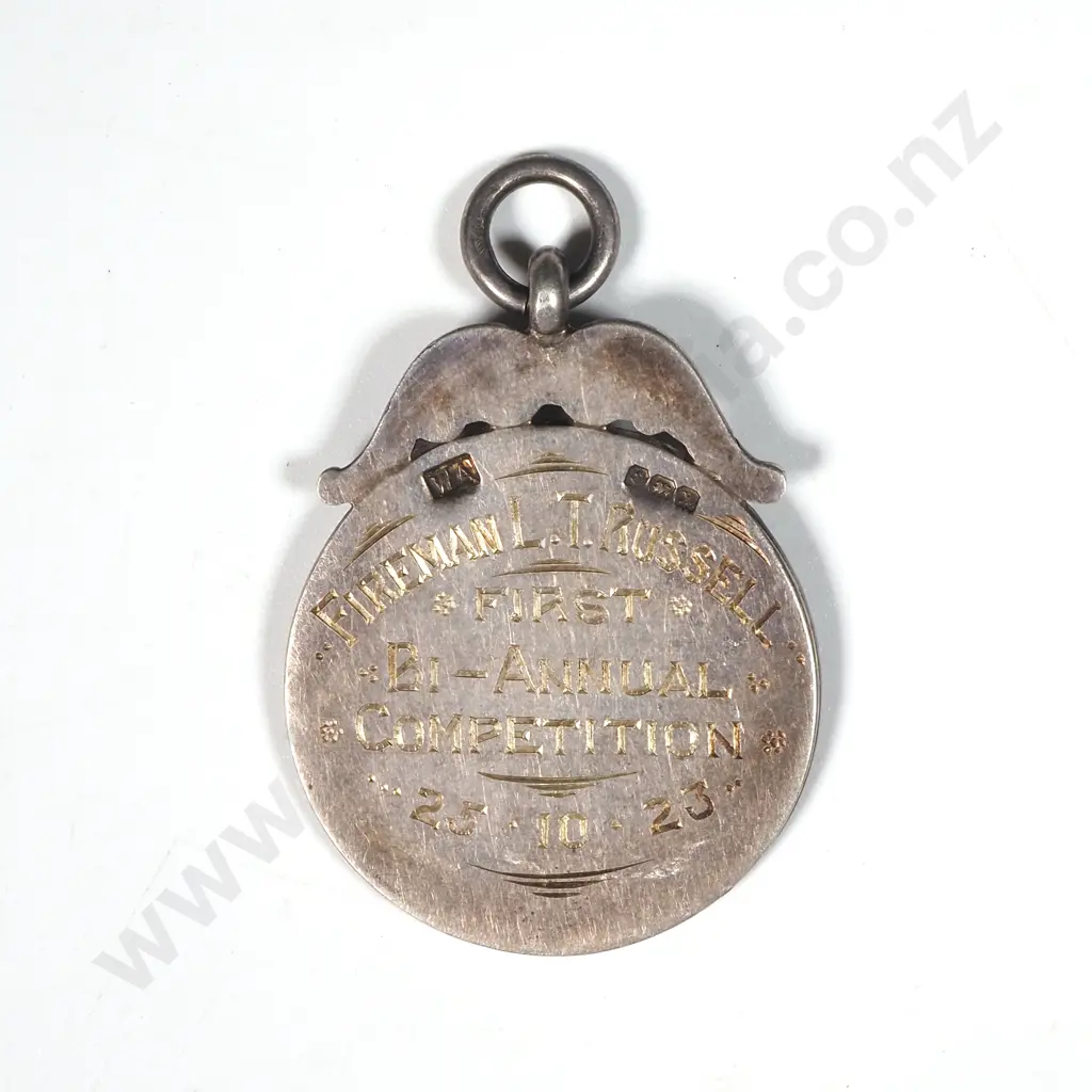 1923 Sterling Silver & Gold Prize Fob to Fireman L T Russell - Bi Annual Competition  Image 1++