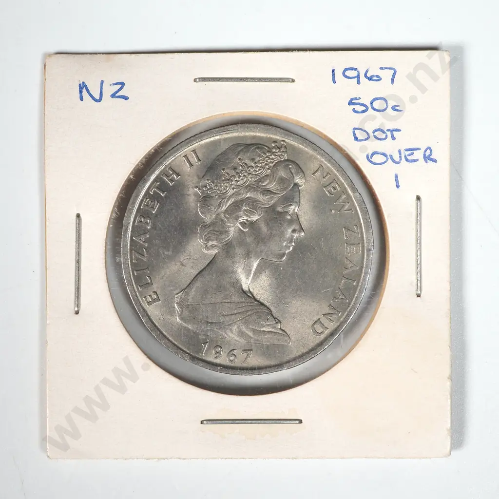 1967 New Zealand Fifty Cent "Dot over 1" Coin Image 1++