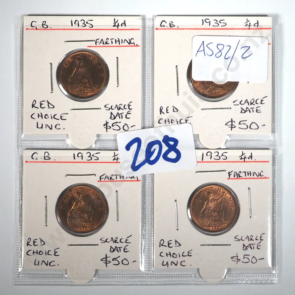 Four United Kingdom 1935 Farthings - Red Choice UNC - Scarce Date  Image 1++