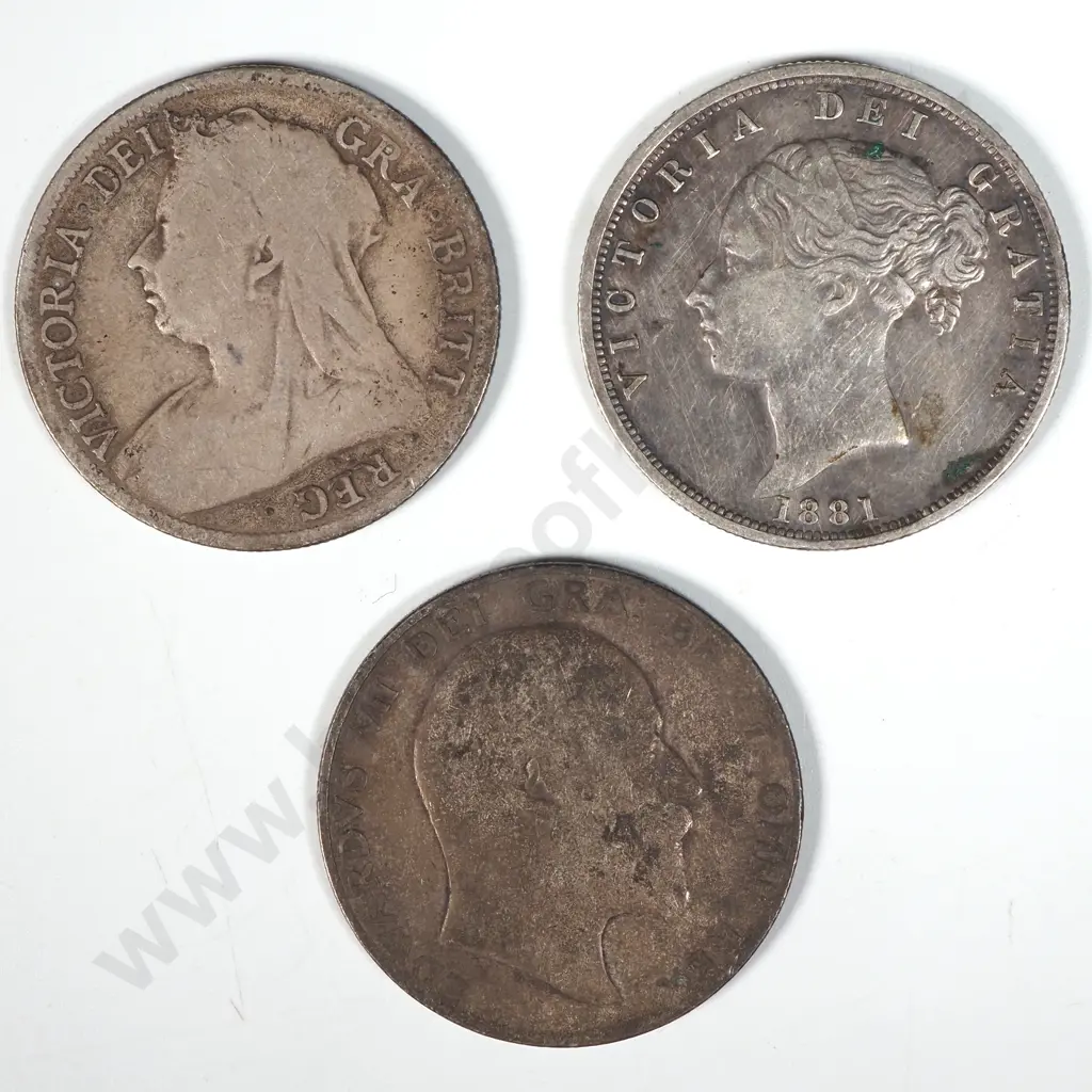 Three Victorian Silver Half Crown Coins - Worn  Image 1++