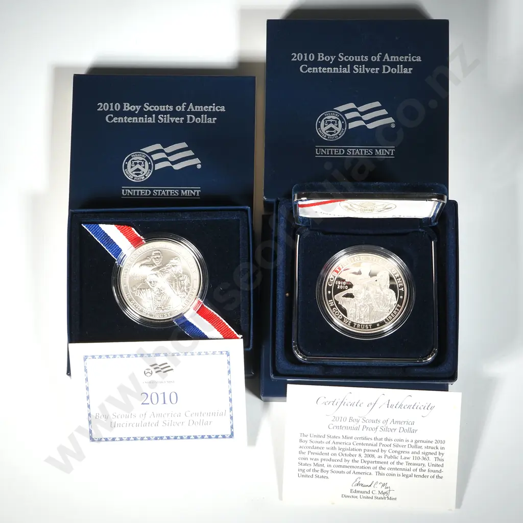 Two Cased 2010 USA Boy Scouts of America Centennial Silver Dollars - 1.54 Ounces ASW Image 1++