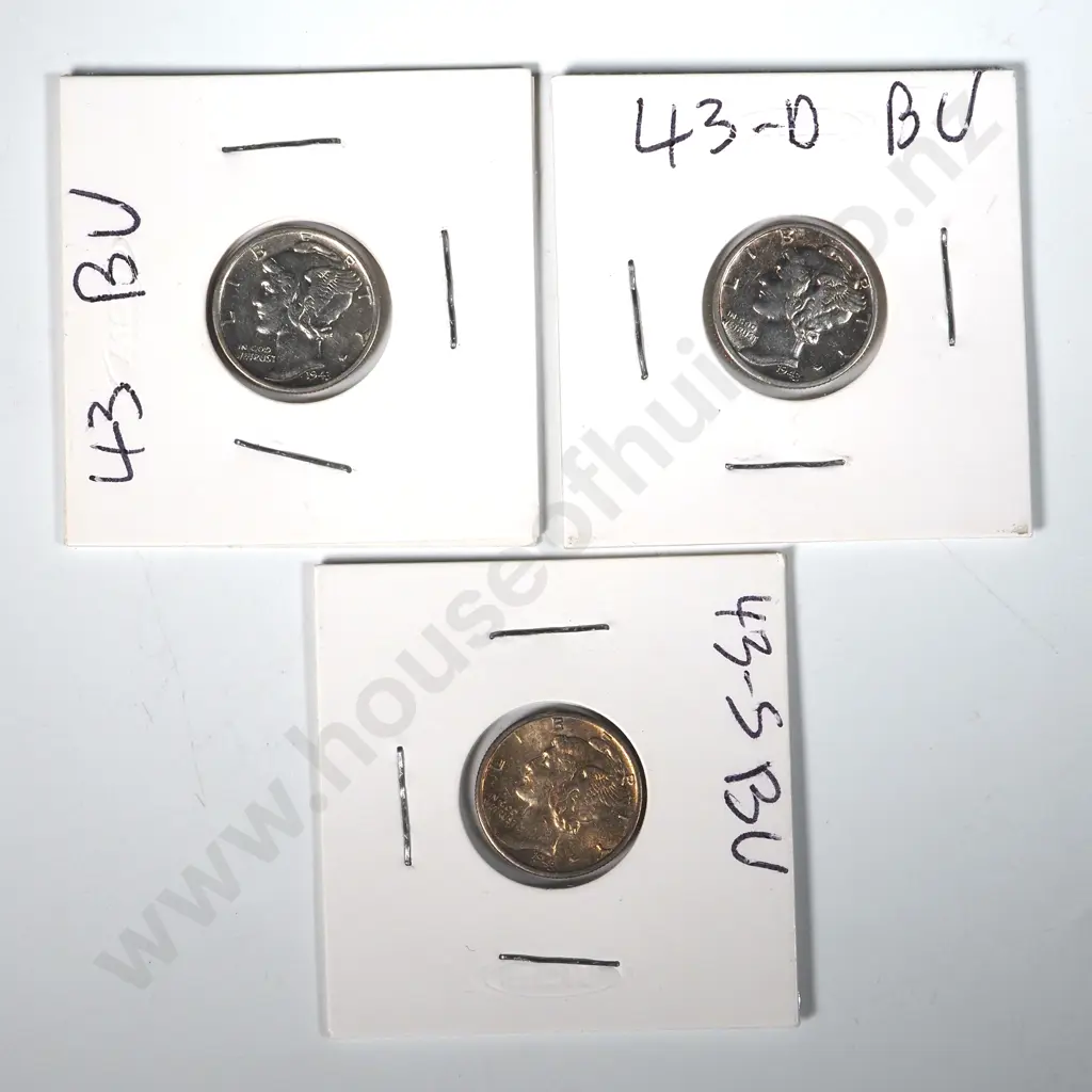 Three 1943 United States of America BU Mercury Dimes Image 1++