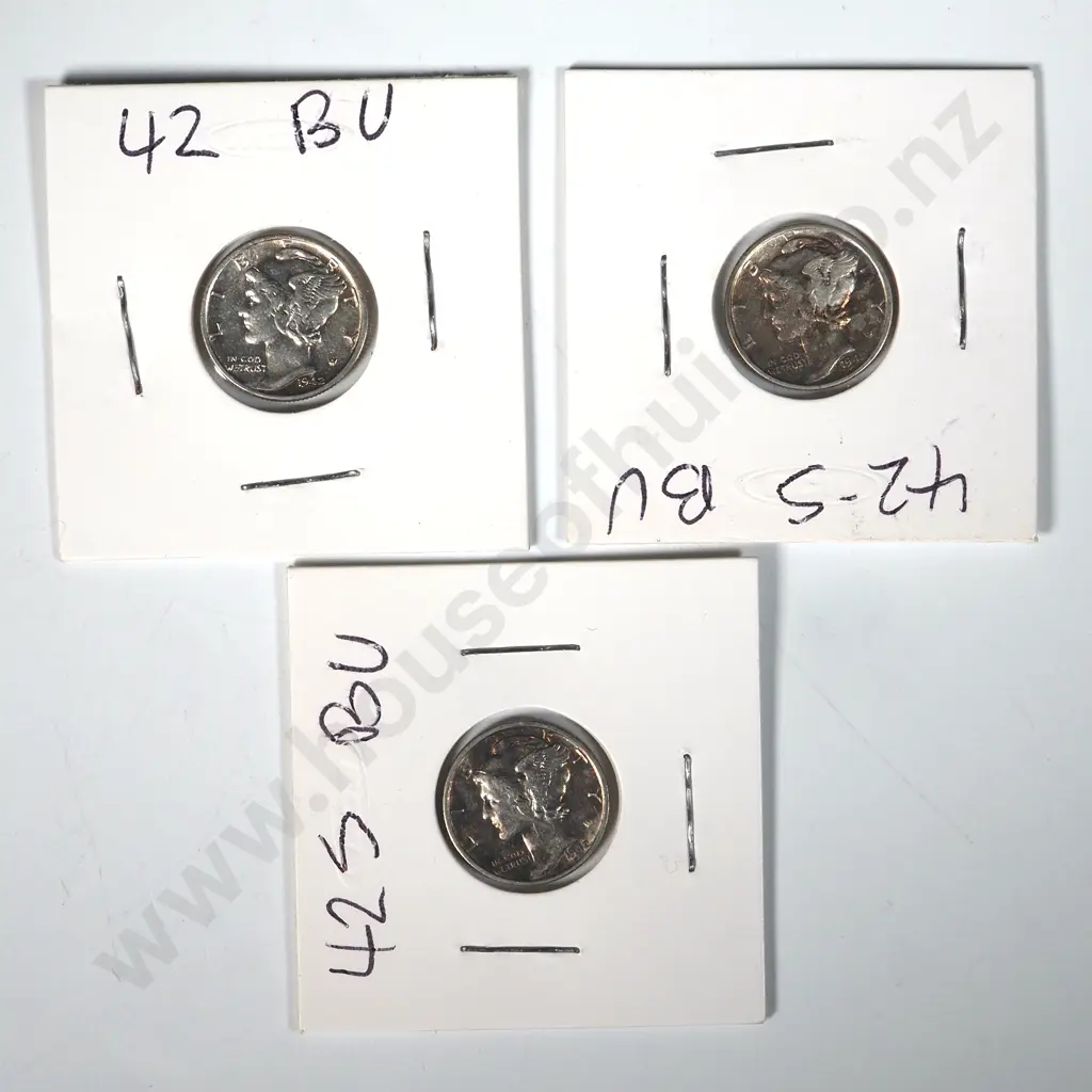Three 1942 United States of America BU Mercury Dimes Image 1++