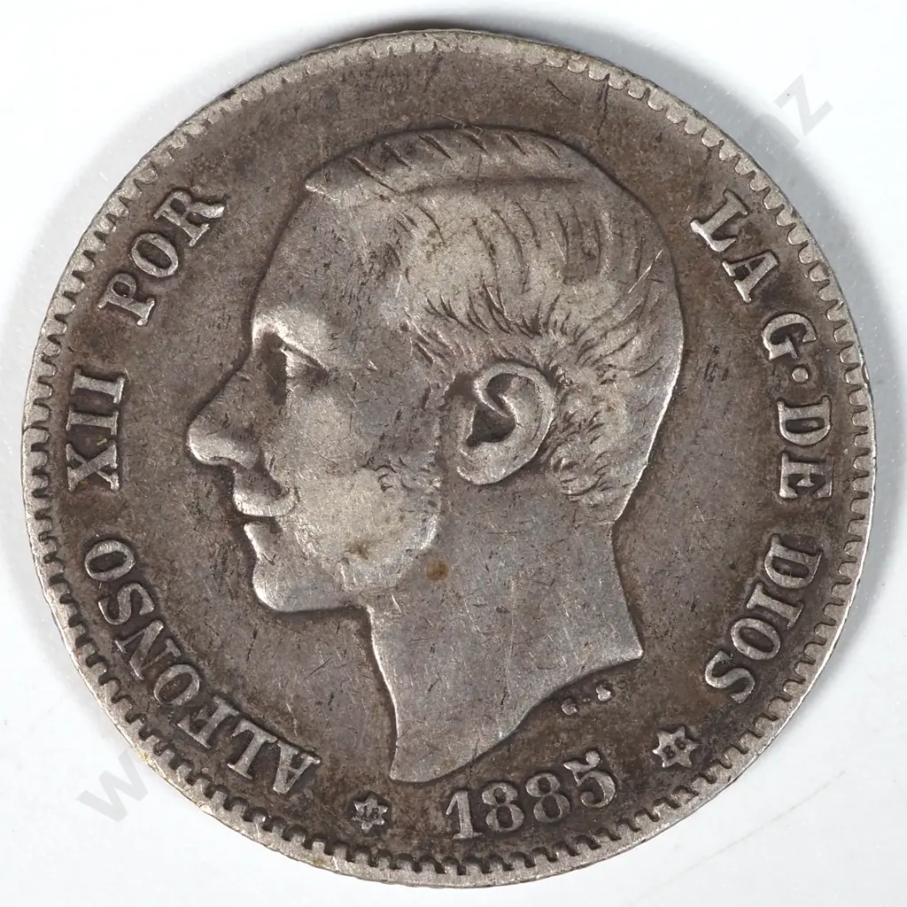 1885 (86) Spain Peseta Coin VF CV USD $125 Image 1++