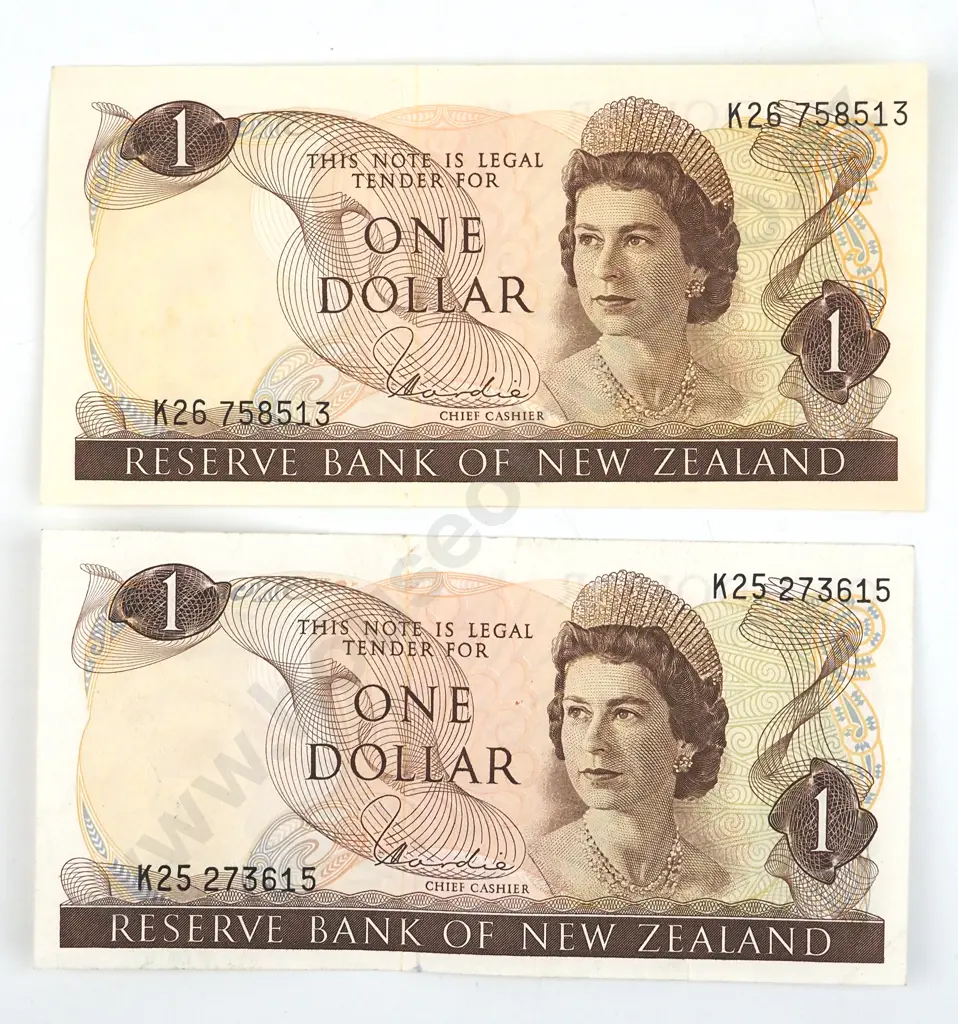 Two New Zealand One Dollar Hardie Banknotes - Better Grades  Image 1++