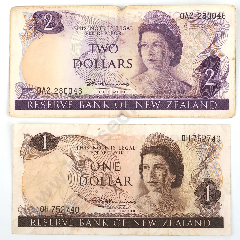 New Zealand One & Two Dollar Fleming Banknotes  Image 1++