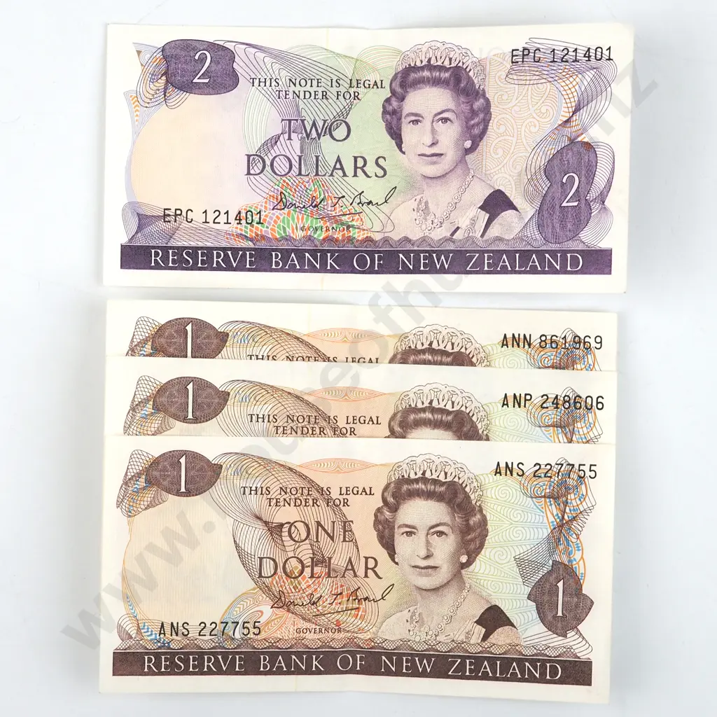Three New Zealand One Dollar Brash Banknotes (One last Prefix) & One Two Dollar (All AUNC w Centrefold) Image 1++