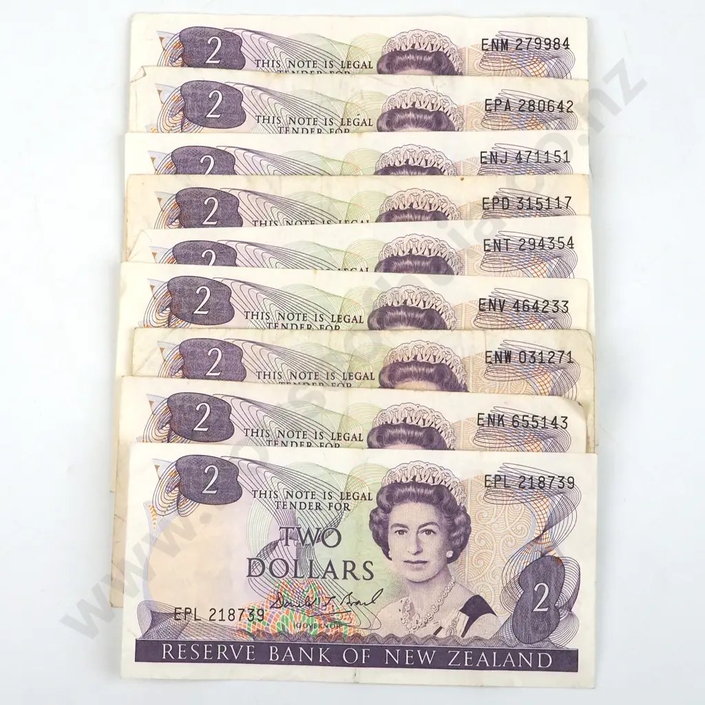 9 New Zealand Two Dollar Brash Banknotes - Circulated Image 1++