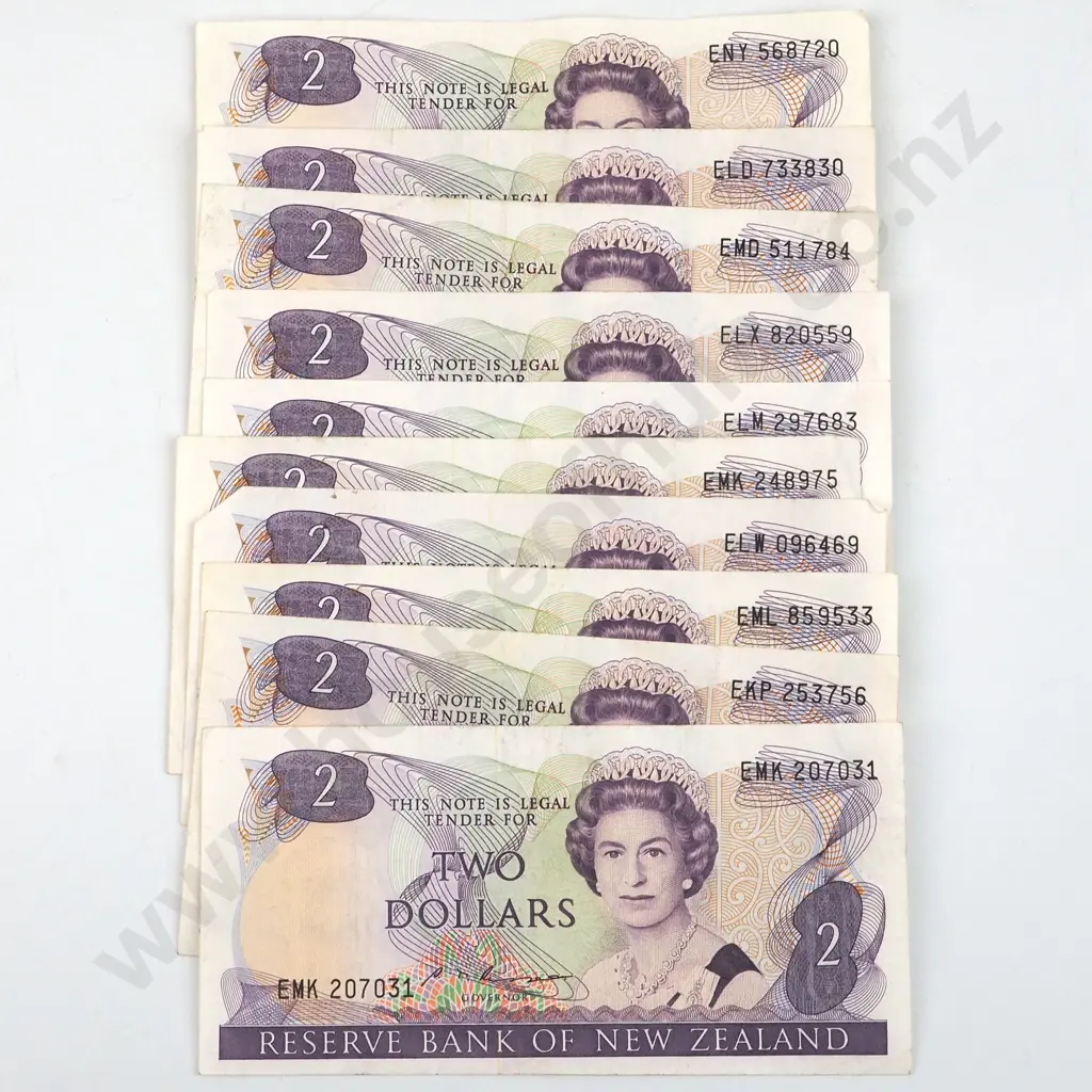 10 New Zealand Two Dollar Banknotes - Brash & Russell  Image 1++