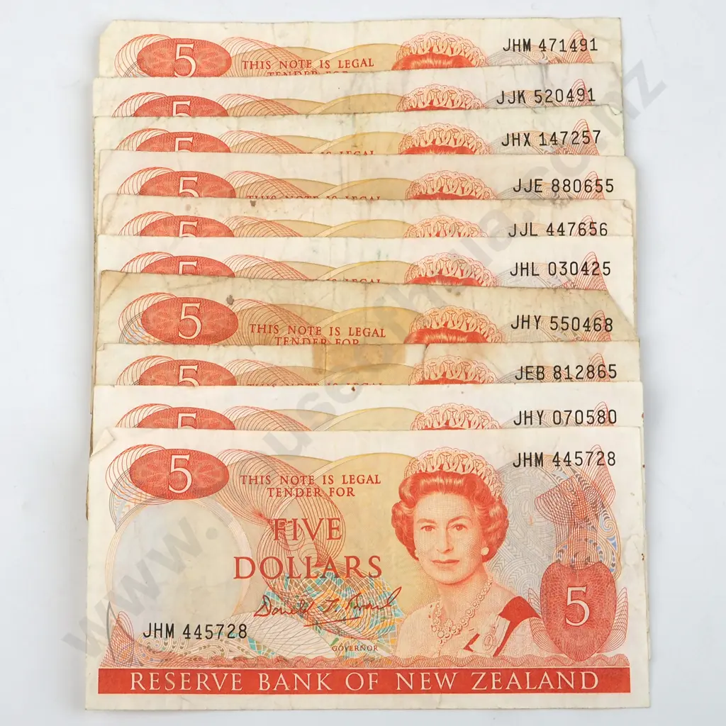 10 New Zealand Five Dollar Brash Banknotes - Circulated Image 1++