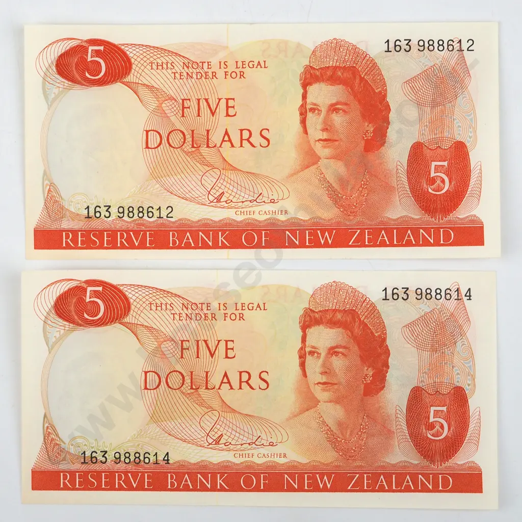 Two Almost Consecutive New Zealand Five Dollar AUNC Hardie Banknotes (12 & 16)  Image 1++